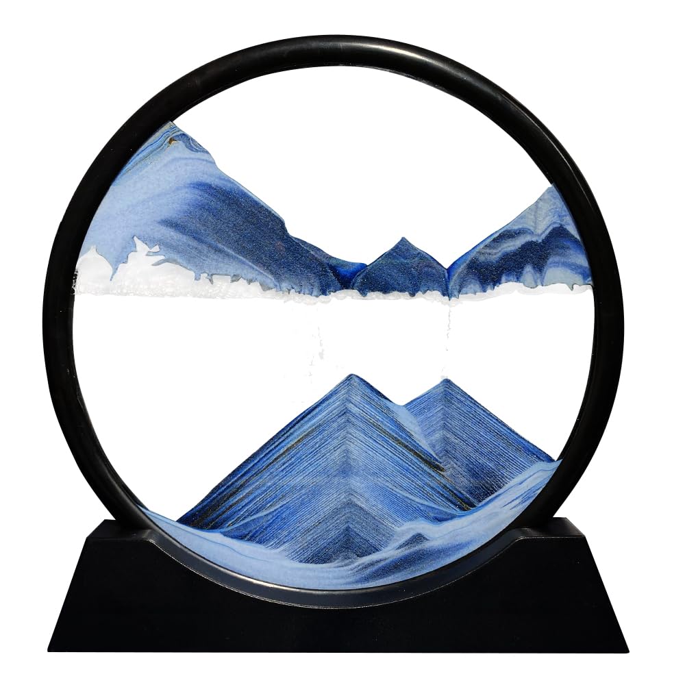 Aoderun Moving Sand Art Picture Round Glass 3D Deep Sea Sandscape in Motion Display Flowing Sand Frame Relaxing Desktop Home Office Work Decor (7", Blue)