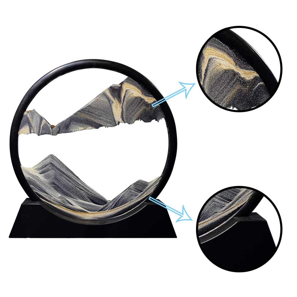 Aoderun Moving Sand Art Picture Round Glass 3D Deep Sea Sandscape in Motion Display Flowing Sand Frame Relaxing Desktop Home Office Work Decor (7", Blue)