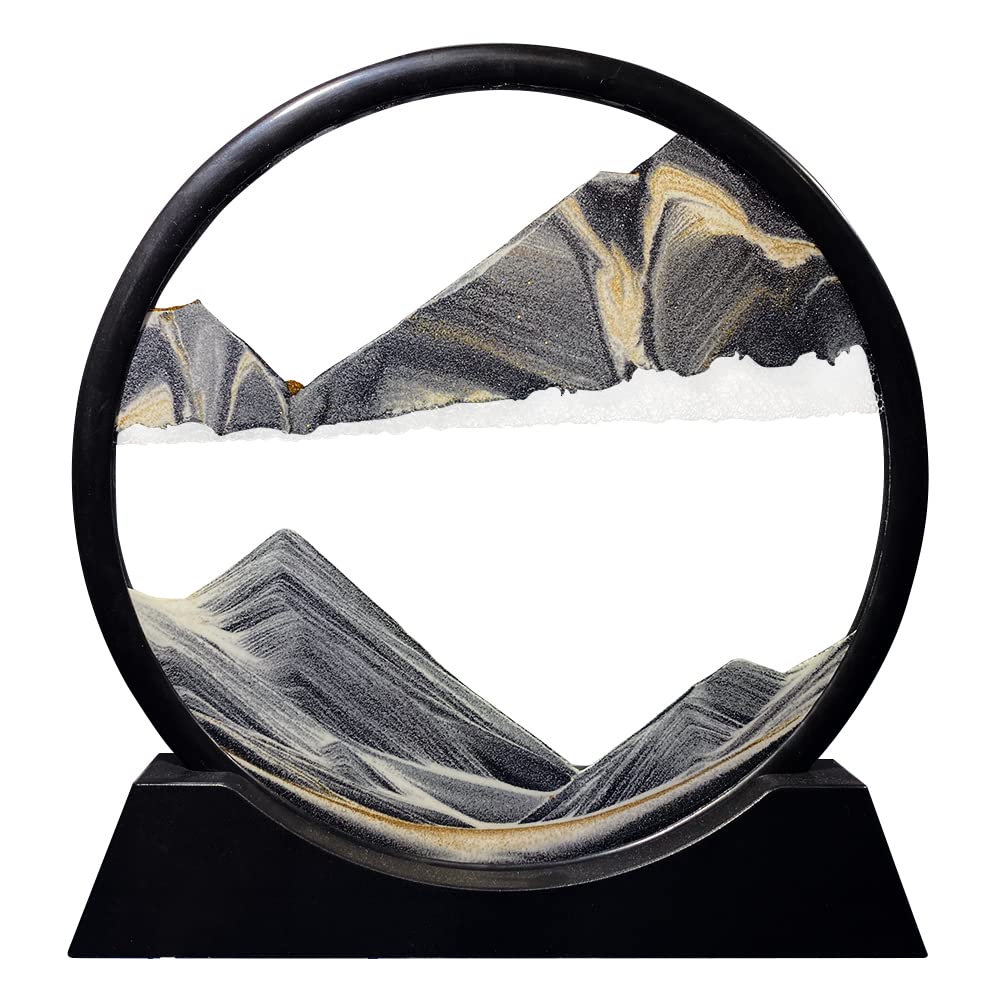 Aoderun Moving Sand Art Picture Round Glass 3D Deep Sea Sandscape in Motion Display Flowing Sand Frame Relaxing Desktop Home Office Work Decor (7", Blue)