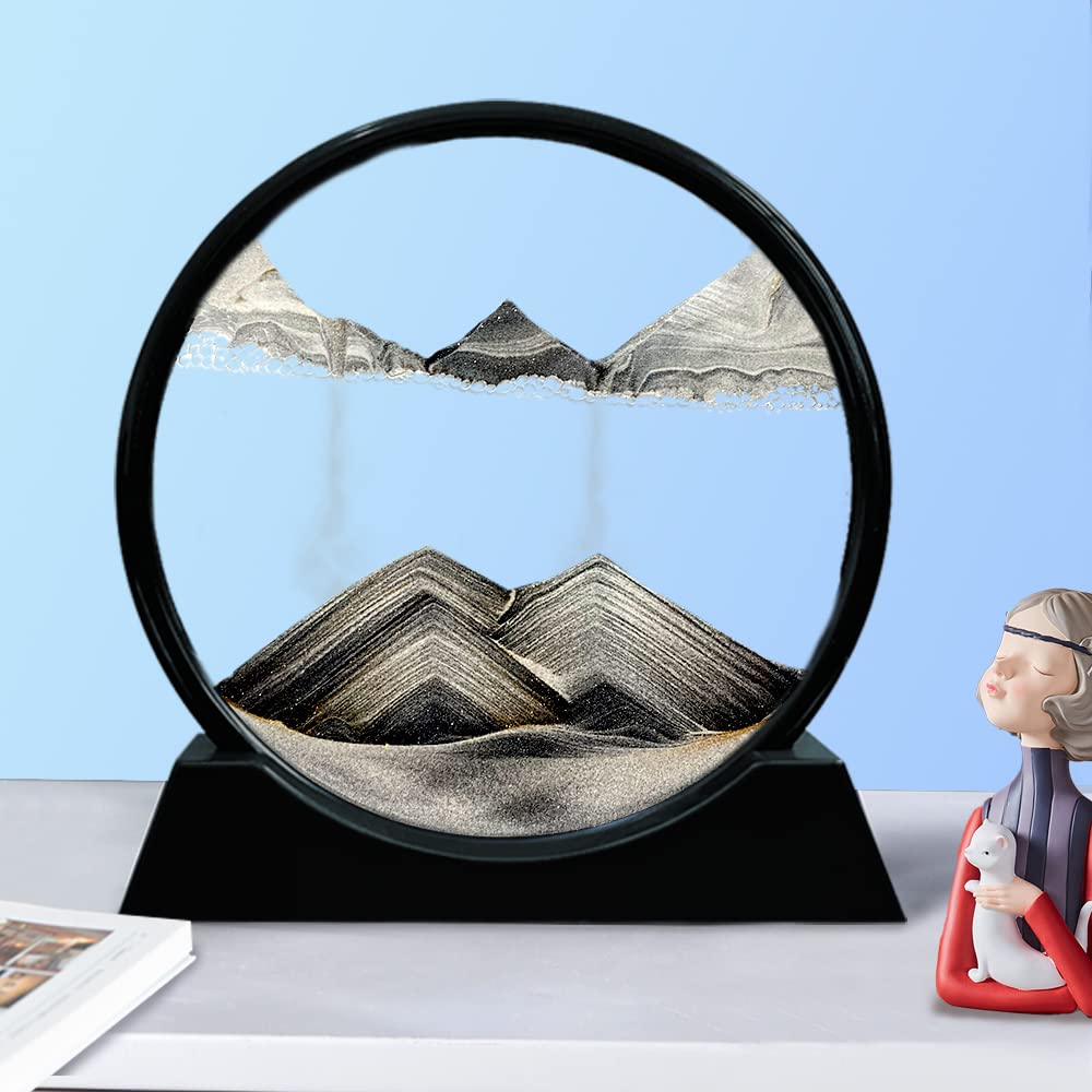 Aoderun Moving Sand Art Picture Round Glass 3D Deep Sea Sandscape in Motion Display Flowing Sand Frame Relaxing Desktop Home Office Work Decor (7", Blue)