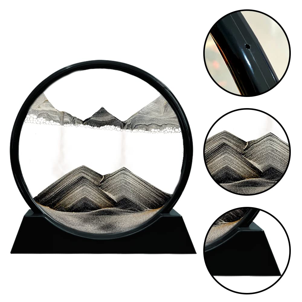 Aoderun Moving Sand Art Picture Round Glass 3D Deep Sea Sandscape in Motion Display Flowing Sand Frame Relaxing Desktop Home Office Work Decor (7", Blue)