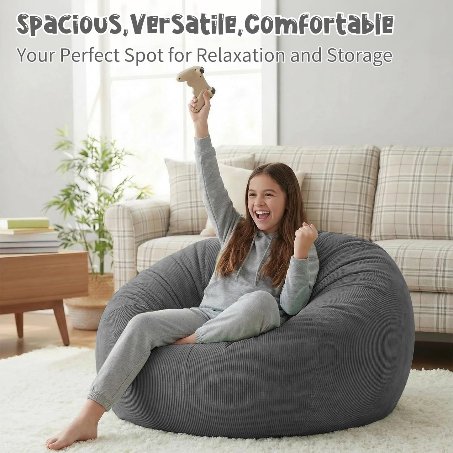 3 ft Bean Bag Chair Cover (No Filler) 35"×43" Large Stuffed Animal Storage Bean Bag Washable Beanbag Chair Cover Premium Corduroy Stuffable Bean Bag Cover for Adults,Kids,Platinum Gray 300L