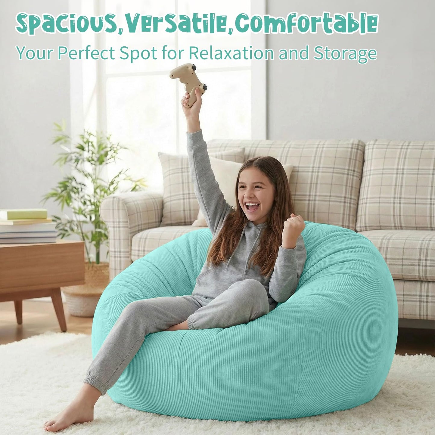3 ft Bean Bag Chair Cover (No Filler) 35"×43" Large Stuffed Animal Storage Bean Bag Washable Beanbag Chair Cover Premium Corduroy Stuffable Bean Bag Cover for Adults,Kids,Platinum Gray 300L