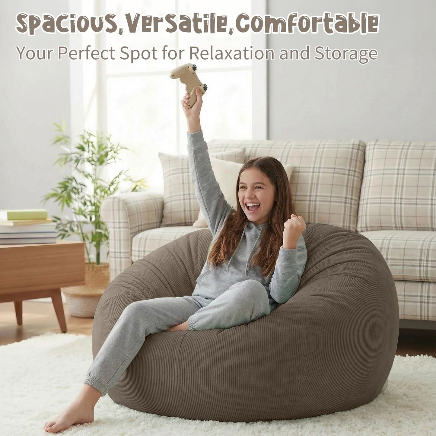 3 ft Bean Bag Chair Cover (No Filler) 35"×43" Large Stuffed Animal Storage Bean Bag Washable Beanbag Chair Cover Premium Corduroy Stuffable Bean Bag Cover for Adults,Kids,Platinum Gray 300L