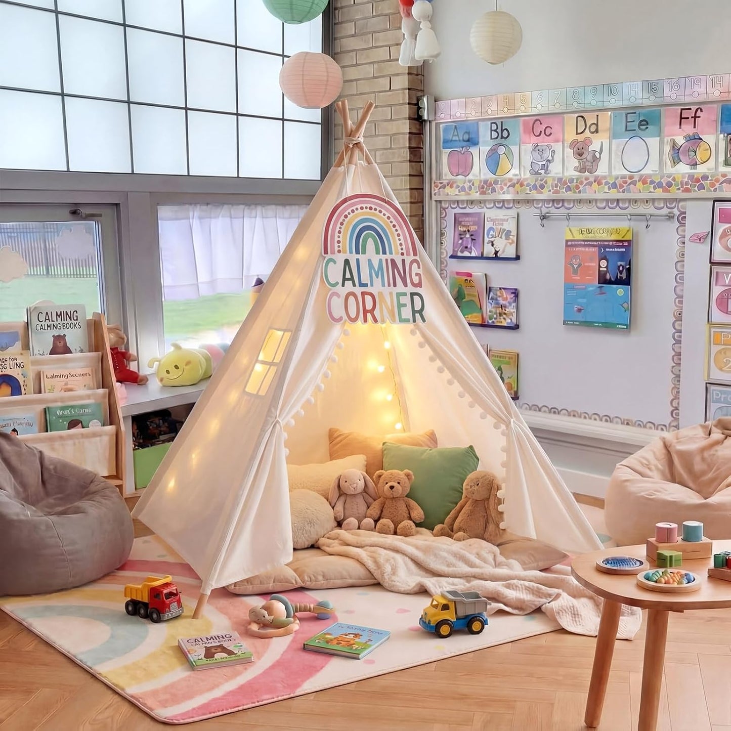 Gersoniel Calming Corner Supplies, Calm Down Corner Tent with Rainbow Posters Decor, 63 Inch Emotional Regulation Soft Tent with 15.7 Inch Rainbow Posters for Therapy Office, Classroom Decor
