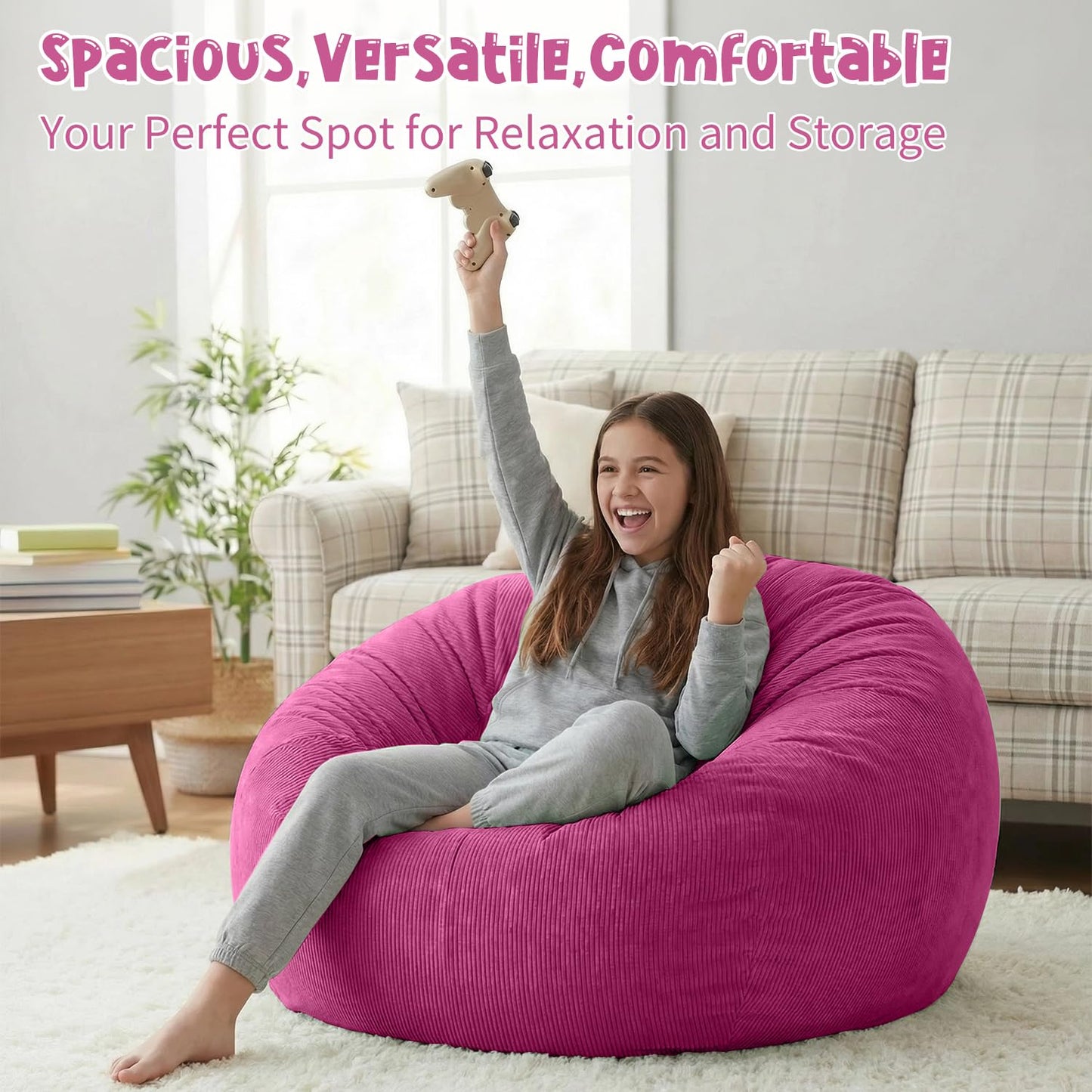 3 ft Bean Bag Chair Cover (No Filler) 35"×43" Large Stuffed Animal Storage Bean Bag Washable Beanbag Chair Cover Premium Corduroy Stuffable Bean Bag Cover for Adults,Kids,Platinum Gray 300L