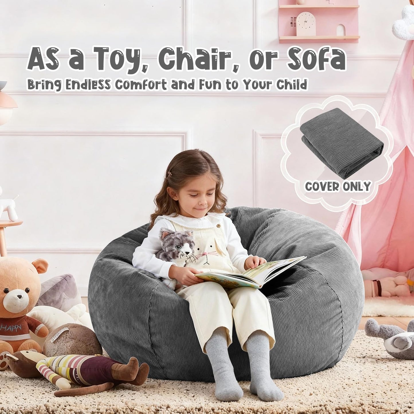 3 ft Bean Bag Chair Cover (No Filler) 35"×43" Large Stuffed Animal Storage Bean Bag Washable Beanbag Chair Cover Premium Corduroy Stuffable Bean Bag Cover for Adults,Kids,Platinum Gray 300L