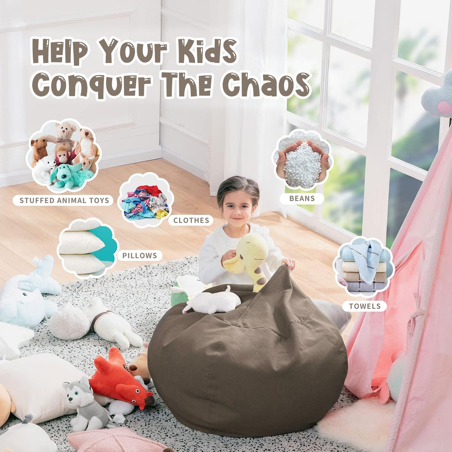 3 ft Bean Bag Chair Cover (No Filler) 35"×43" Large Stuffed Animal Storage Bean Bag Washable Beanbag Chair Cover Premium Corduroy Stuffable Bean Bag Cover for Adults,Kids,Platinum Gray 300L