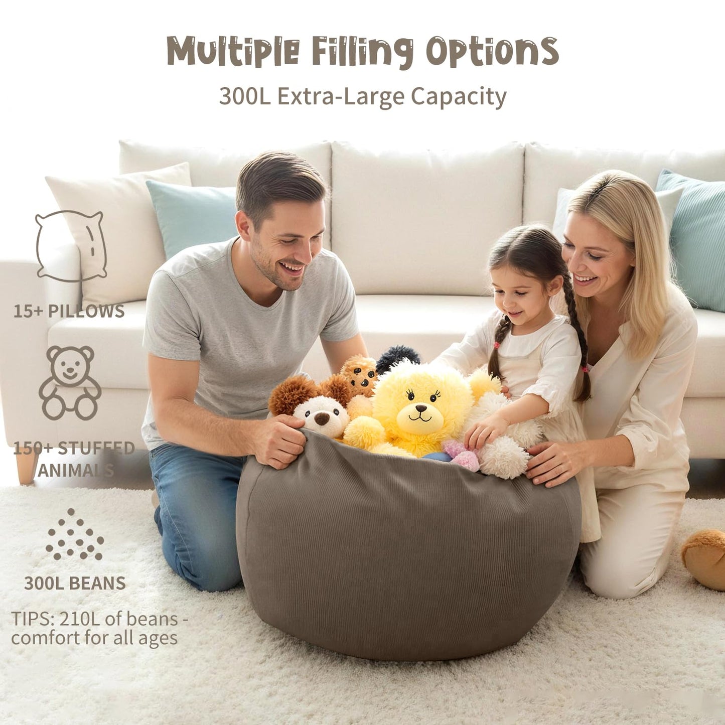 3 ft Bean Bag Chair Cover (No Filler) 35"×43" Large Stuffed Animal Storage Bean Bag Washable Beanbag Chair Cover Premium Corduroy Stuffable Bean Bag Cover for Adults,Kids,Platinum Gray 300L