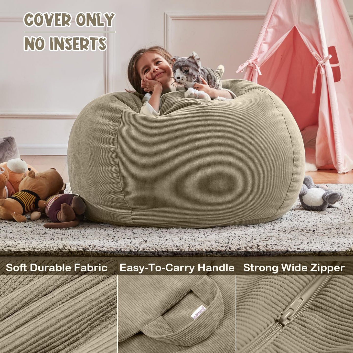 3 ft Bean Bag Chair Cover (No Filler) 35"×43" Large Stuffed Animal Storage Bean Bag Washable Beanbag Chair Cover Premium Corduroy Stuffable Bean Bag Cover for Adults,Kids,Platinum Gray 300L