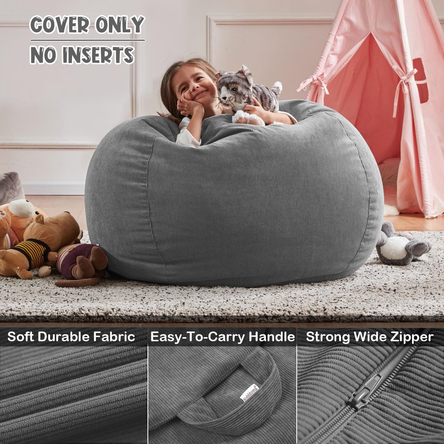 3 ft Bean Bag Chair Cover (No Filler) 35"×43" Large Stuffed Animal Storage Bean Bag Washable Beanbag Chair Cover Premium Corduroy Stuffable Bean Bag Cover for Adults,Kids,Platinum Gray 300L