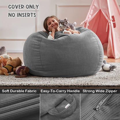 3 ft Bean Bag Chair Cover (No Filler) 35"×43" Large Stuffed Animal Storage Bean Bag Washable Beanbag Chair Cover Premium Corduroy Stuffable Bean Bag Cover for Adults,Kids,Platinum Gray 300L