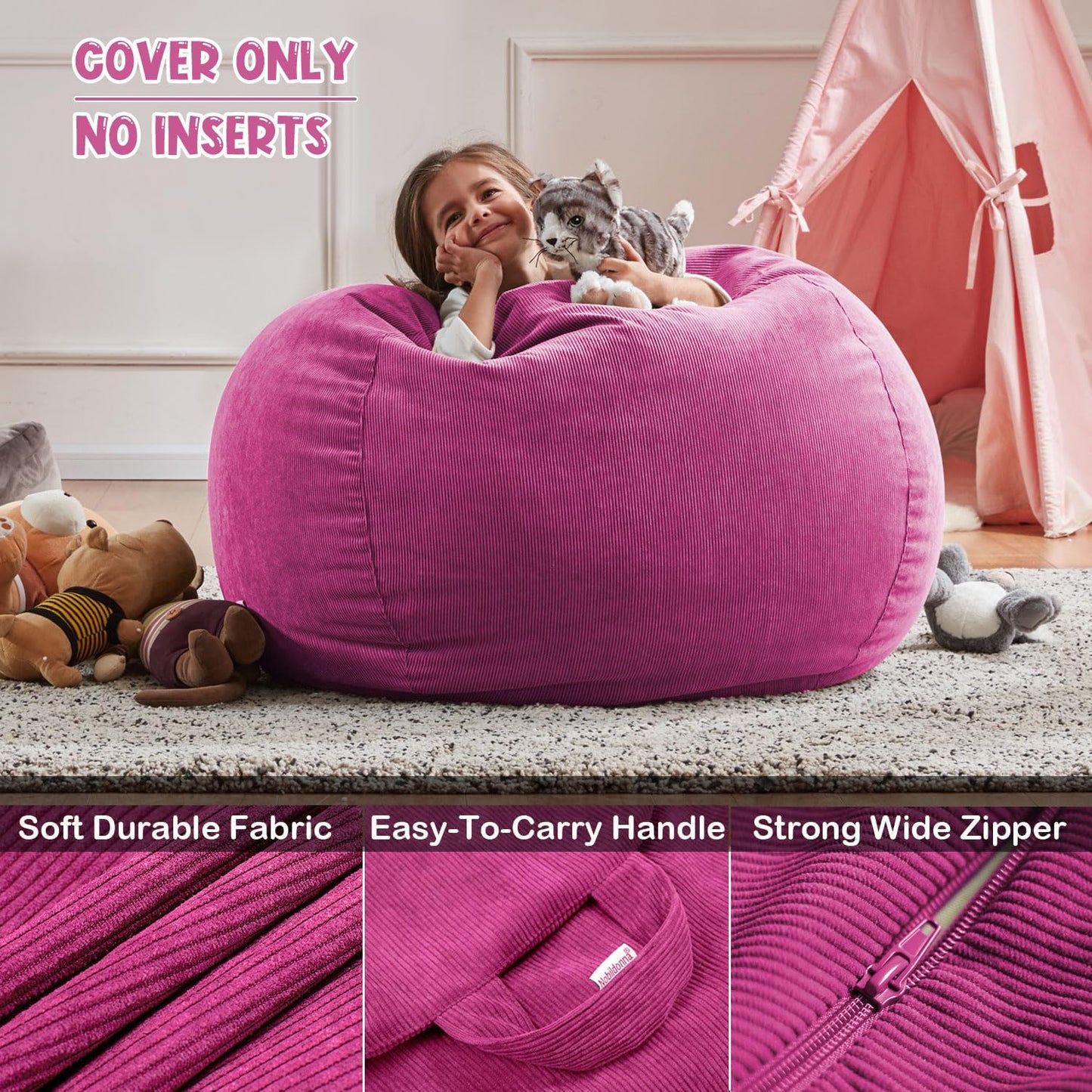 3 ft Bean Bag Chair Cover (No Filler) 35"×43" Large Stuffed Animal Storage Bean Bag Washable Beanbag Chair Cover Premium Corduroy Stuffable Bean Bag Cover for Adults,Kids,Platinum Gray 300L