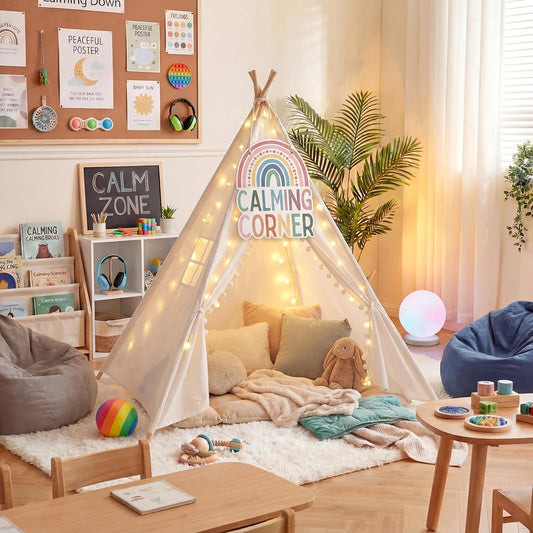 Gersoniel Calming Corner Supplies, Calm Down Corner Tent with Rainbow Posters Decor, 63 Inch Emotional Regulation Soft Tent with 15.7 Inch Rainbow Posters for Therapy Office, Classroom Decor