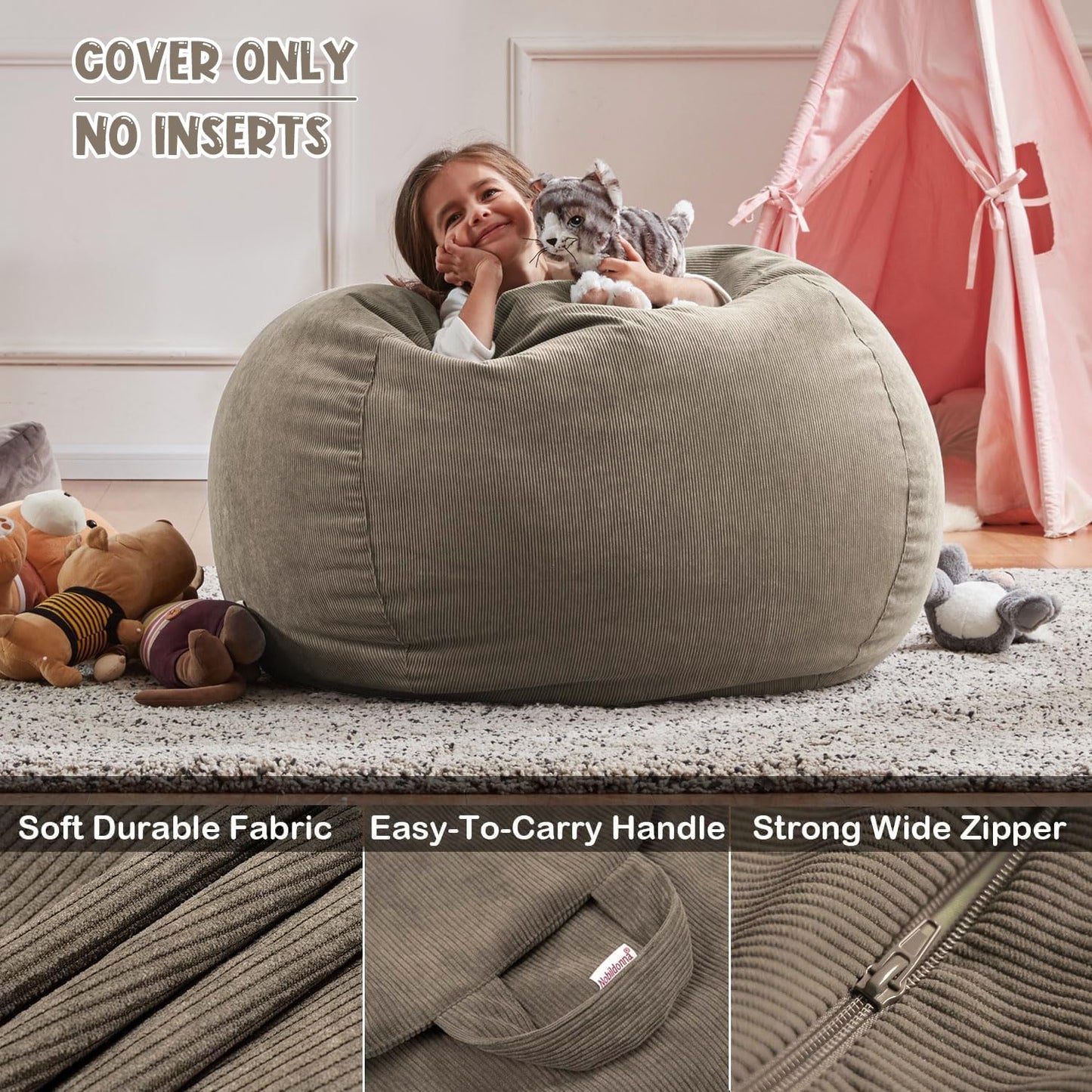 3 ft Bean Bag Chair Cover (No Filler) 35"×43" Large Stuffed Animal Storage Bean Bag Washable Beanbag Chair Cover Premium Corduroy Stuffable Bean Bag Cover for Adults,Kids,Platinum Gray 300L
